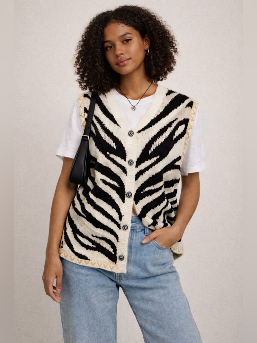 Casa Maglia Zebra Print Knit Sweater Vest Button Front Textured Trim Size S